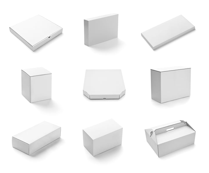 collection of  various white box and packages on white background. each one is shot separately