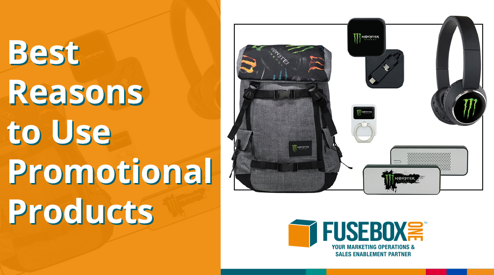 A branded backpack and other promotional products.  